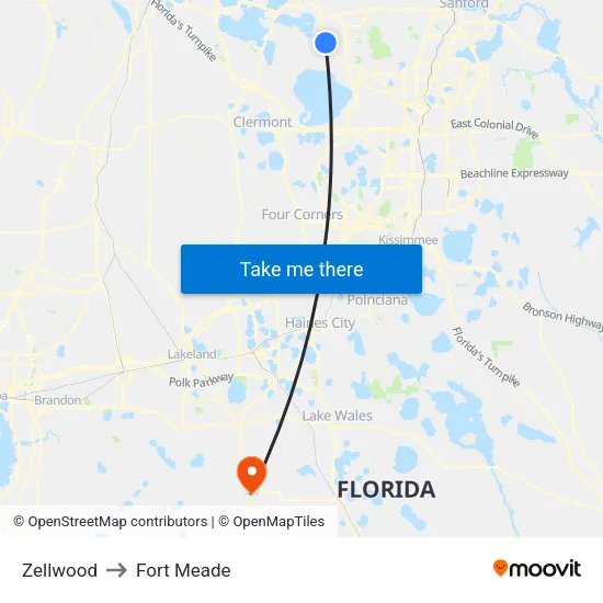 Zellwood to Fort Meade map