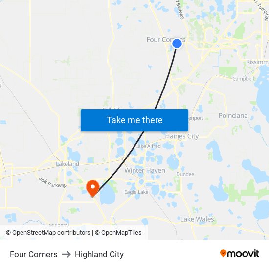 Four Corners to Highland City map