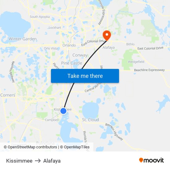 Kissimmee to Alafaya map