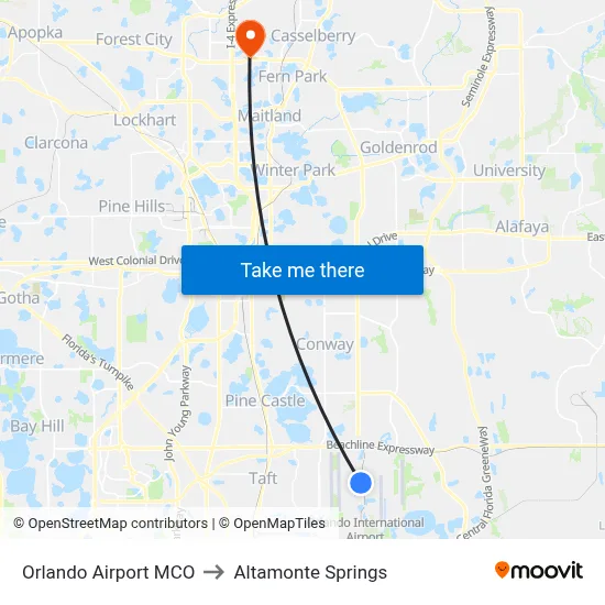 Orlando Airport MCO to Altamonte Springs map