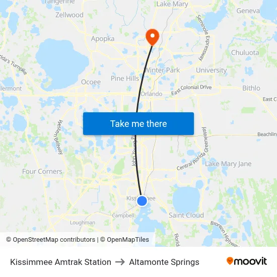 Kissimmee Amtrak Station to Altamonte Springs map