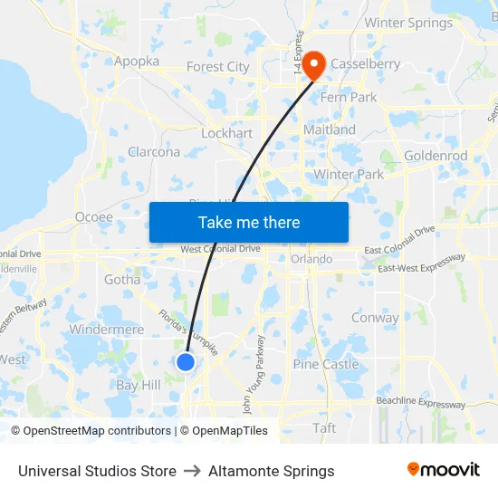 Universal Studios Store to Altamonte Springs map
