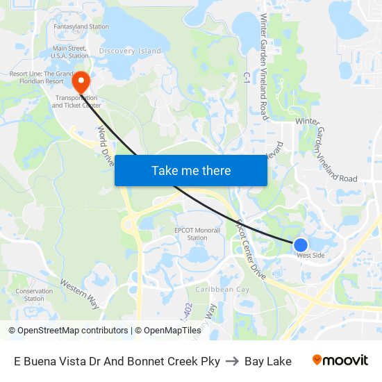 E Buena Vista Dr And Bonnet Creek Pky to Bay Lake map