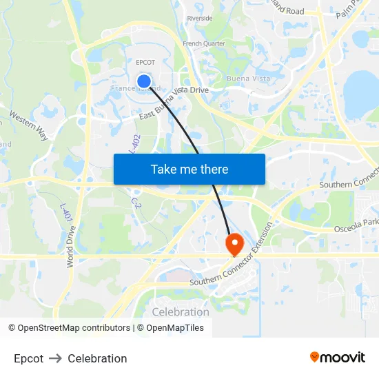 Epcot to Celebration map