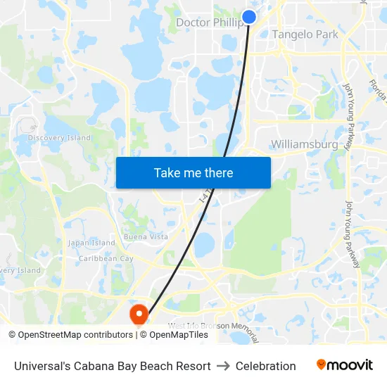 Universal's Cabana Bay Beach Resort to Celebration map