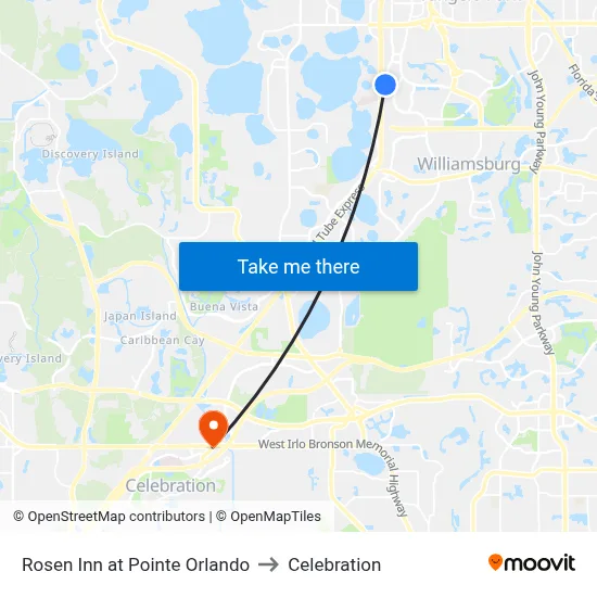 Rosen Inn at Pointe Orlando to Celebration map