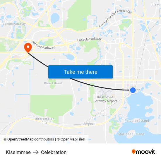 Kissimmee to Celebration map