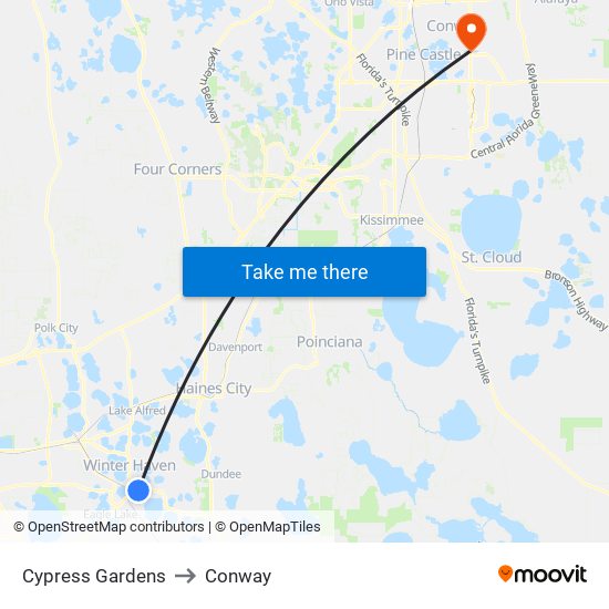 Cypress Gardens to Conway map