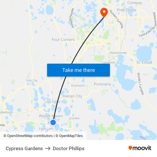 Cypress Gardens to Doctor Phillips map