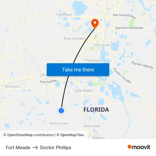 Fort Meade to Doctor Phillips map