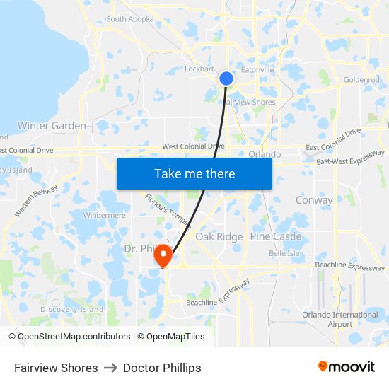 Fairview Shores to Doctor Phillips map