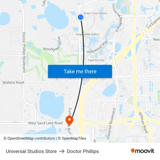 Universal Studios Store to Doctor Phillips map