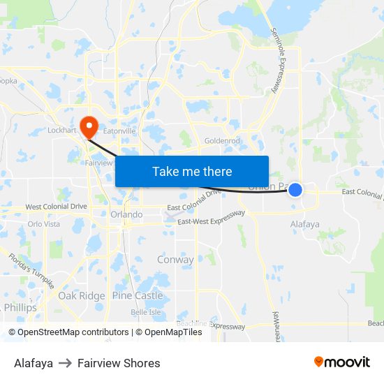 Alafaya to Fairview Shores map