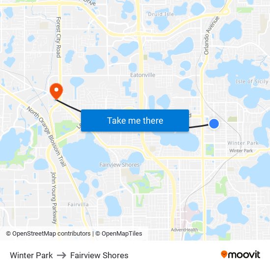 Winter Park to Fairview Shores map