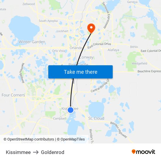 Kissimmee to Goldenrod map