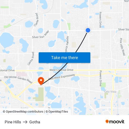 Pine Hills to Gotha map