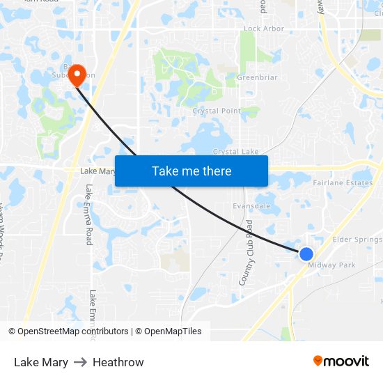 Lake Mary to Heathrow map