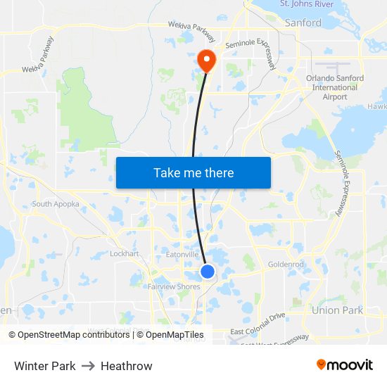 Winter Park to Heathrow map