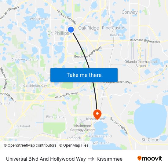 Universal Blvd And Hollywood Way to Kissimmee map