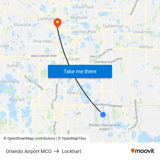 Orlando Airport MCO to Lockhart map