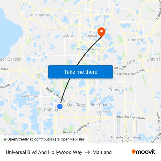 Universal Blvd And Hollywood Way to Maitland map