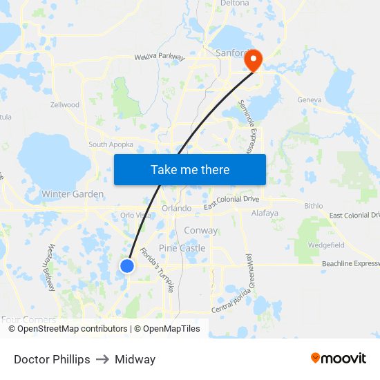 Doctor Phillips to Midway map