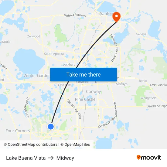 Lake Buena Vista to Midway map
