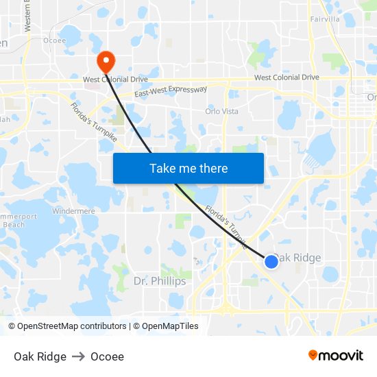 Oak Ridge to Ocoee map