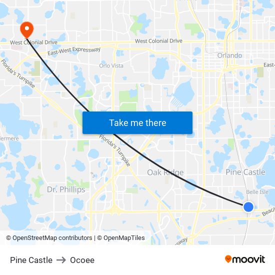 Pine Castle to Ocoee map