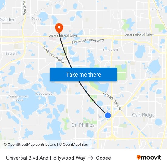 Universal Blvd And Hollywood Way to Ocoee map