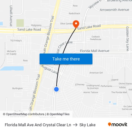 Florida Mall Ave And Crystal Clear Ln to Sky Lake map