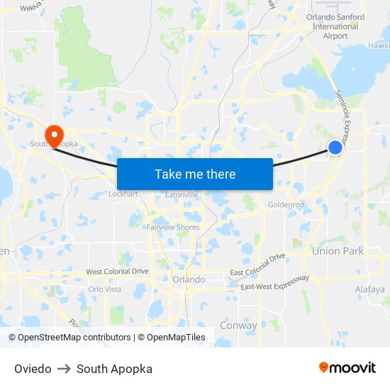 Oviedo to South Apopka map