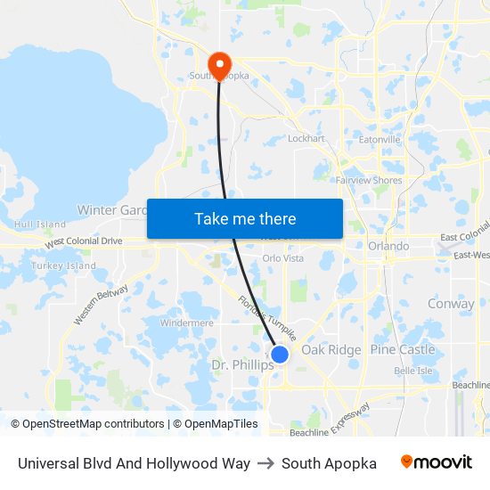 Universal Blvd And Hollywood Way to South Apopka map