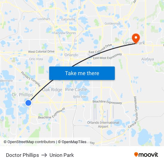 Doctor Phillips to Union Park map