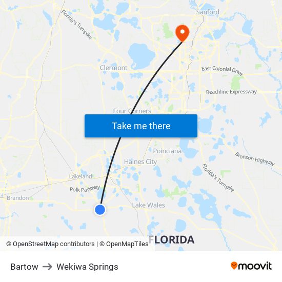 Bartow to Wekiwa Springs map