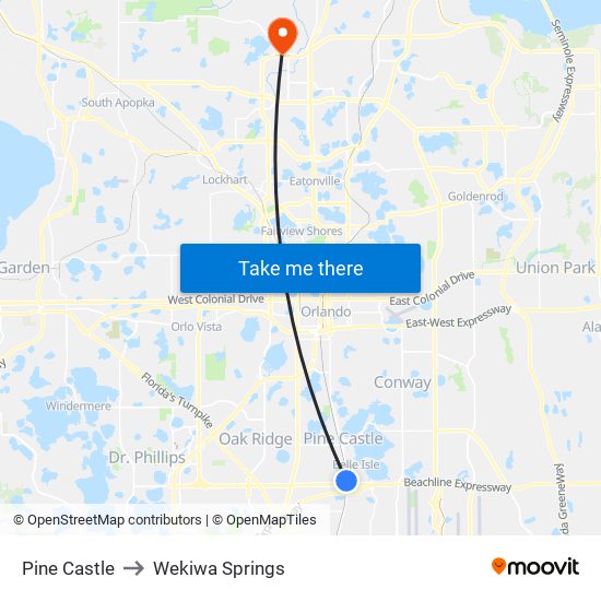 Pine Castle to Wekiwa Springs map