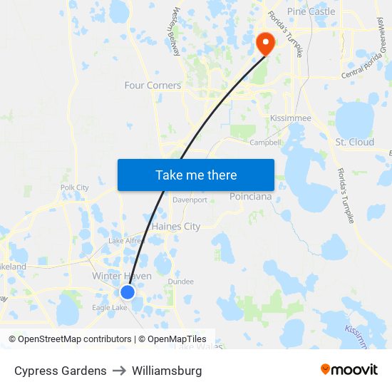 Cypress Gardens to Williamsburg map