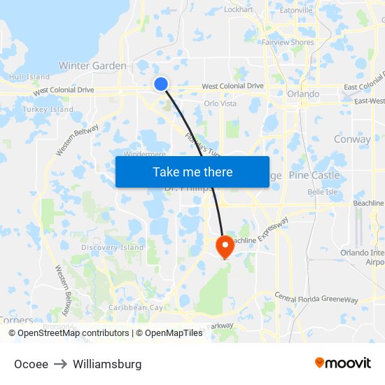 Ocoee to Williamsburg map