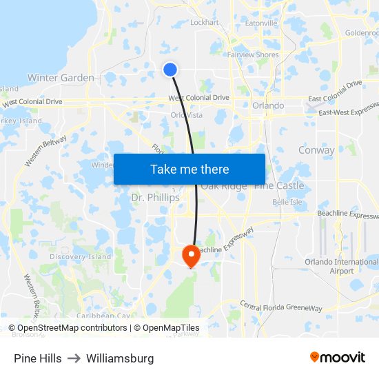 Pine Hills to Williamsburg map