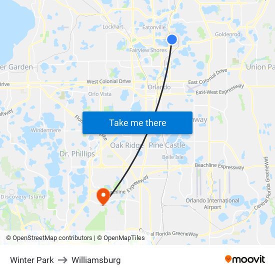 Winter Park to Williamsburg map