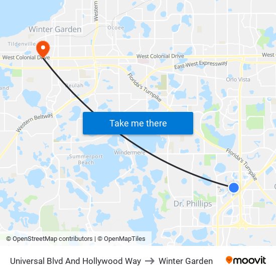 Universal Blvd And Hollywood Way to Winter Garden map