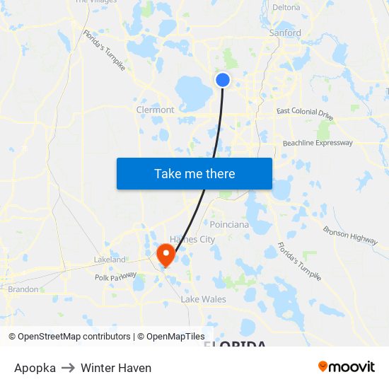 Apopka to Winter Haven map