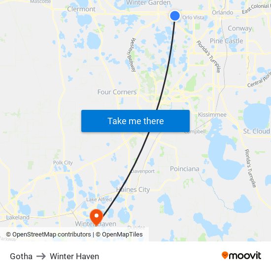 Gotha to Winter Haven map