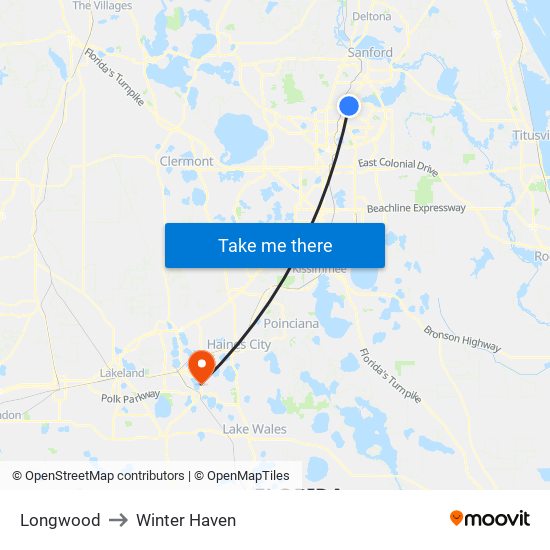 Longwood to Winter Haven map