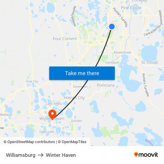 Williamsburg to Winter Haven map