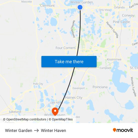 Winter Garden to Winter Haven map