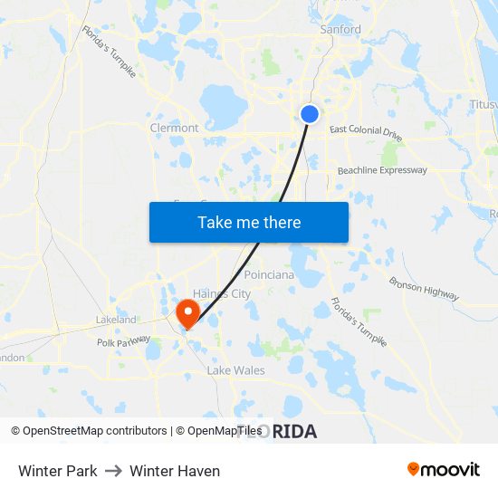 Winter Park to Winter Haven map