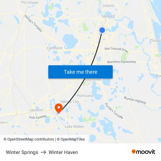 Winter Springs to Winter Haven map