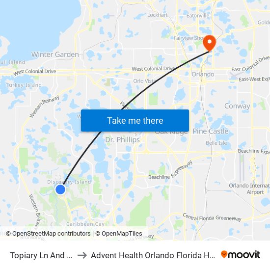 Topiary Ln And World Dr to Advent Health Orlando Florida Hospital Orlando map