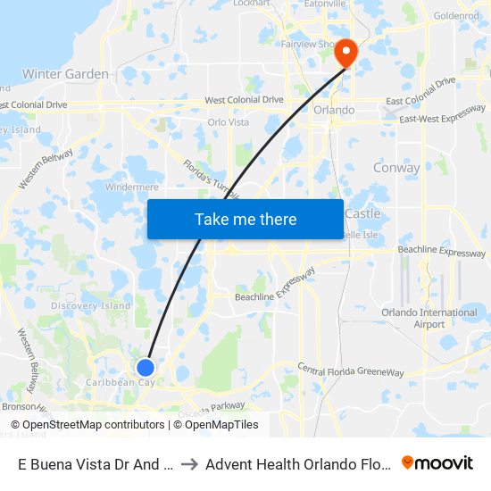 E Buena Vista Dr And Bonnet Creek Pky to Advent Health Orlando Florida Hospital Orlando map